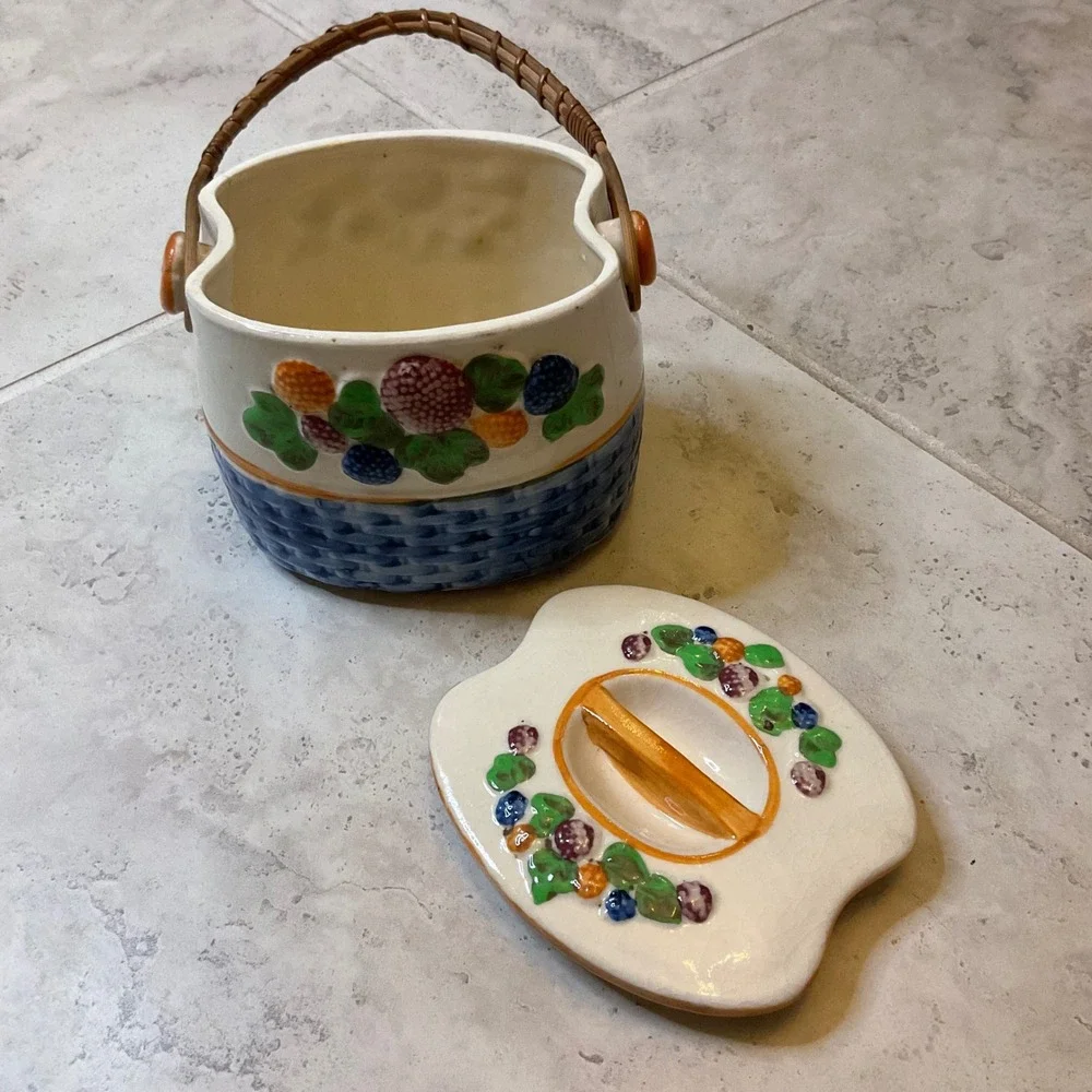 Vintage Ceramic Berry Basket Cookie Jar Made in Japan Wicker Handle Hand Painted